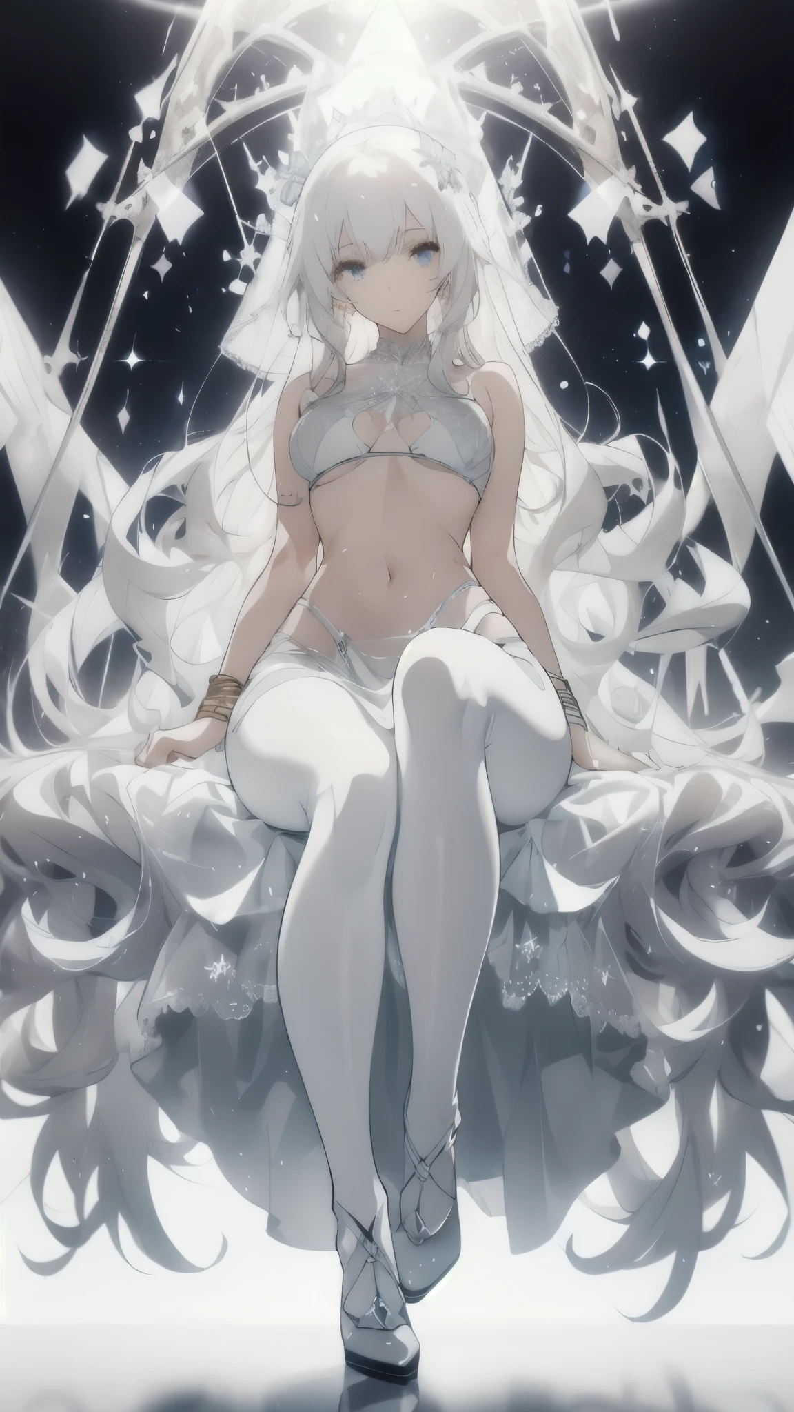 cinematic,Arkonidina, Red iris, Stunning white hair of a beautiful woman in micro rope bikini standing in a futuristic setting. Beautiful leg with long barrel socks She is in the setting of a mysterious city embraced by a galaxy full of stars, representing prosperity. Your porcelain skin shines, radiating ethereal beauty. Her long flowing white hair, pure as freshly fallen snow, cascade down the shoulders and bust, emphasizing your real presence. Overknee boot socks lying on a tree. fantastic eyes,((front and back image of the character))photorrealistic