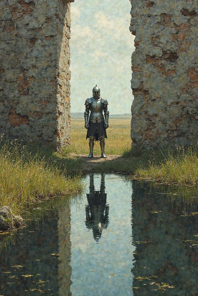 Jean-Antoine Watteau art style,deep meaning, soldier standing inside the abandoned fort on small lake with Grass on ground, dark colors, 4k quality, full armor 