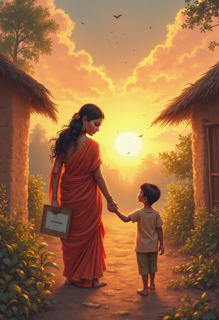 A heartwarming village scene during sunset. A strong, humble mother in a simple saree lovingly holding her young son's hand. The boy is holding a certificate proudly. Behind them, a small mud house symbolizes their current life, and in the sky above, a faint dreamy outline of a big modern house floats, showing their dreams. The mood is emotional, inspiring, and full of hope. Soft warm lighting, glowing expressions, and gentle background details like trees and birds complete the scene.