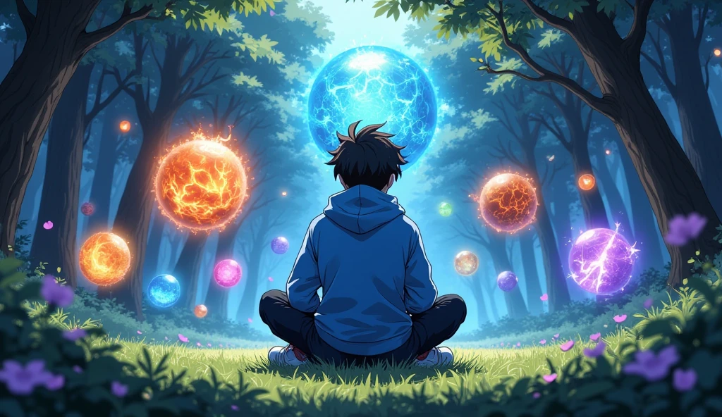 Anime shot in high quality and cinematic style. A  with bright blue glowing eyes sits on the grass in the magic forest. He is wearing a hoodie with a blue hood and sneakers,  sitting in Turkish . Large powerful magic spheres of various elements float around him — fiery, aquatic, Earthlings, aerial, electric and dark. Each sphere glows and is surrounded by effects, corresponding to his element (fire, lightning, water, energy). The atmosphere is bright , magical, with soft sunlight, penetrating trees. Dynamic composition and rich bright colors, detailed character development, in the style of modern anime illustrations. datanimestyle.