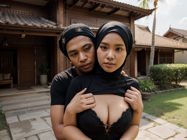 photo of a 30 year old Indonesian hijab woman wearing a towel with a 15 year old teenage boy