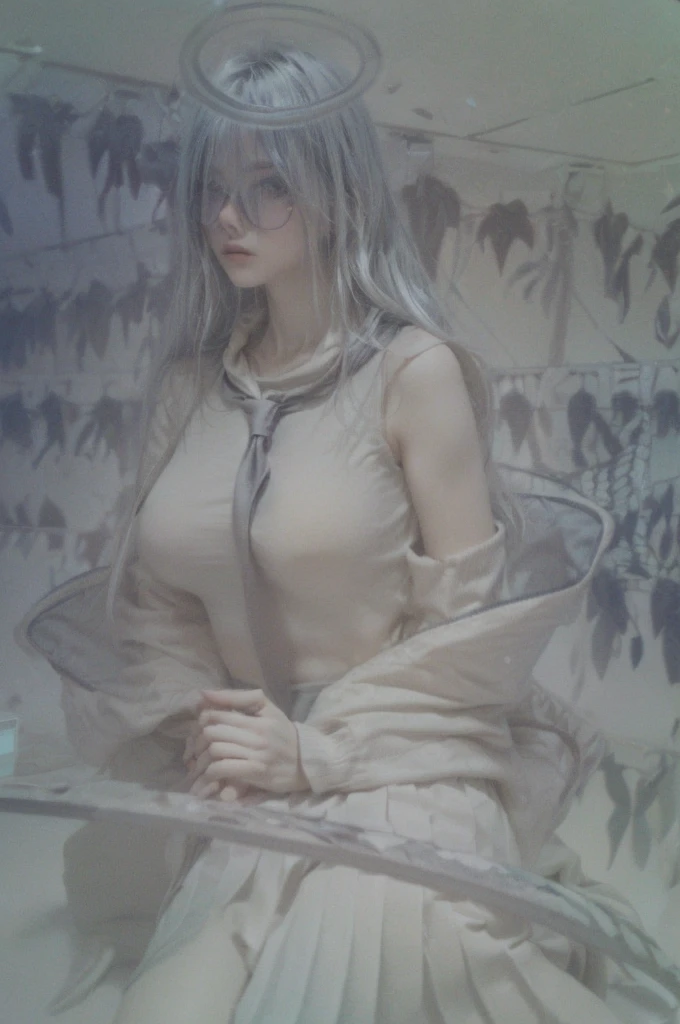 Uma garota sentada, com seios grandes que ganham destaque na camisa branca apertada, between the breasts there is a long tie, and also, she is wearing an open sweatshirt that is falling off, Na saia plissada justa, There's a katana that rests on your thighs, e a garota olha fixamente para o telespectador. she wears glasses, and her hair is silver and straight, full of fluidity and detail, your hands touch the floor.