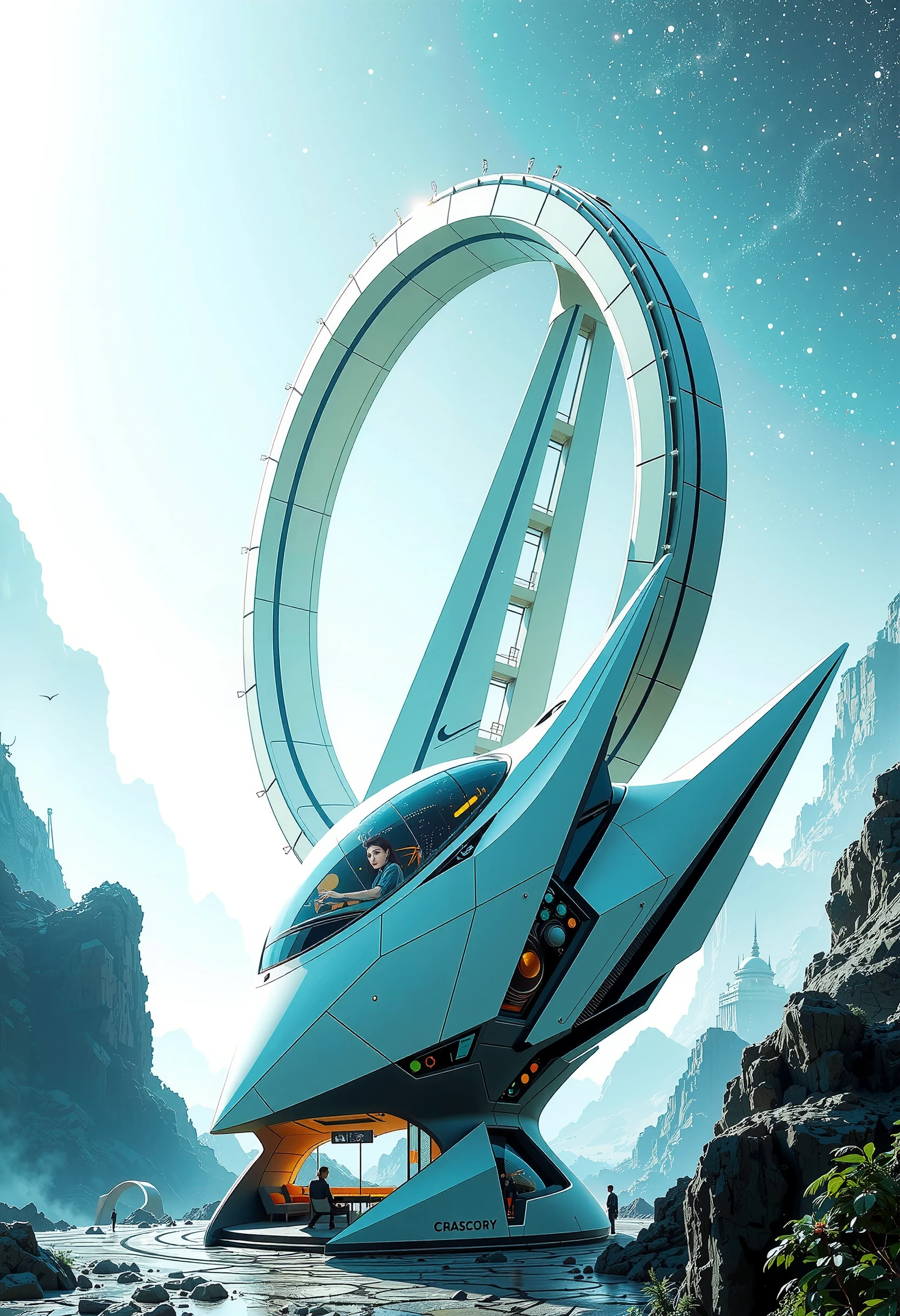 space cruiser, looks like a ball with a pointed body on the sides Huge Wings, It has beautiful glass, The beautiful upholstery of the ship, Flies to a Starship resembling the shape of a Tower Circle only down with ring-shaped steps, Cosmic Admiration,
