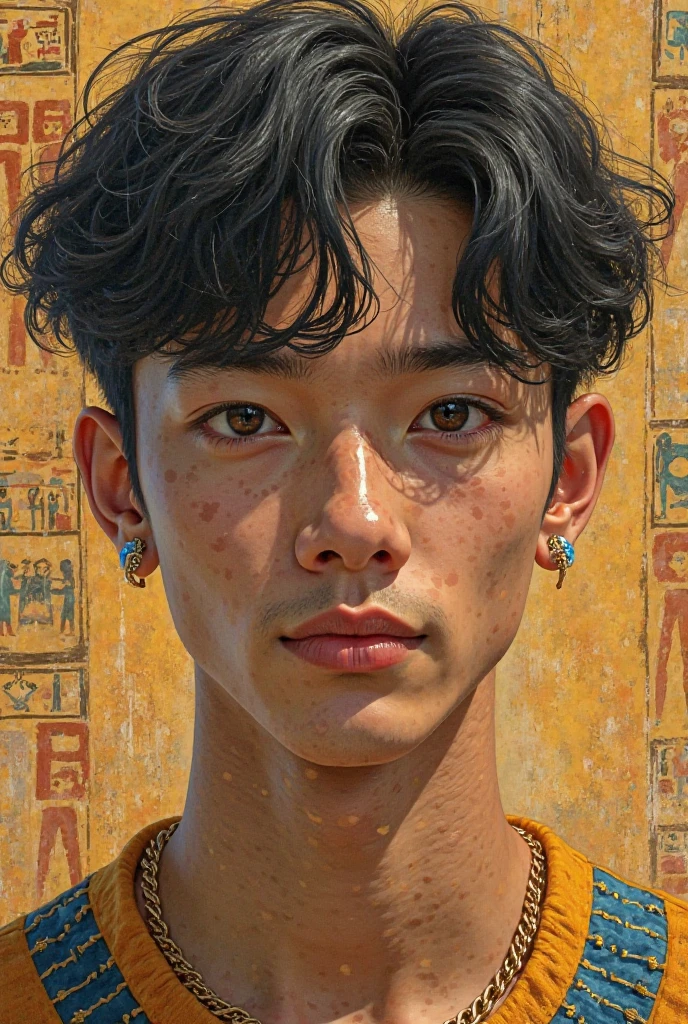 photo of a young man from BTS. Egyptian style. A confident and playful look with a smirk
