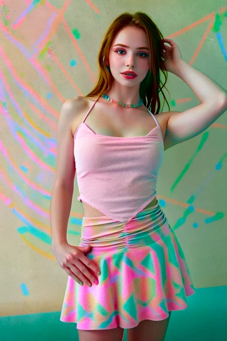 street fashion photography photo of Emily Bloom, (wearing cute outfit:1.3), golden hour, upper body, neon lighting <lora:EmilyBloomV2:1>