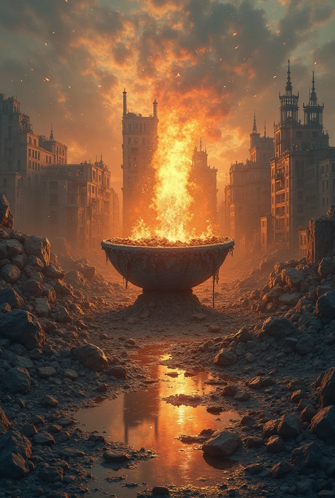 You need to create an image of, that will reflect, in such a way that corruption has affected the country. Even more than one country, and for many countries. So this image should include some kind of kalash, that would reflect different countries and the consequences of corruption in the form of destroyed buildings, hospitals and so on.