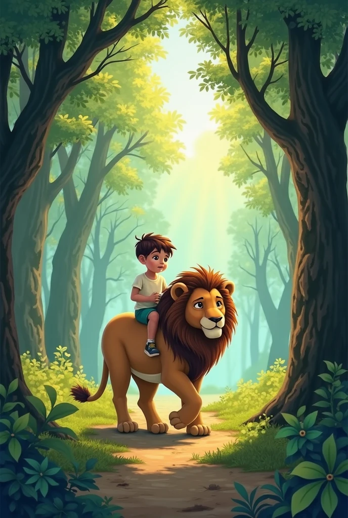 A boy with lion in jungle Around some other animal
