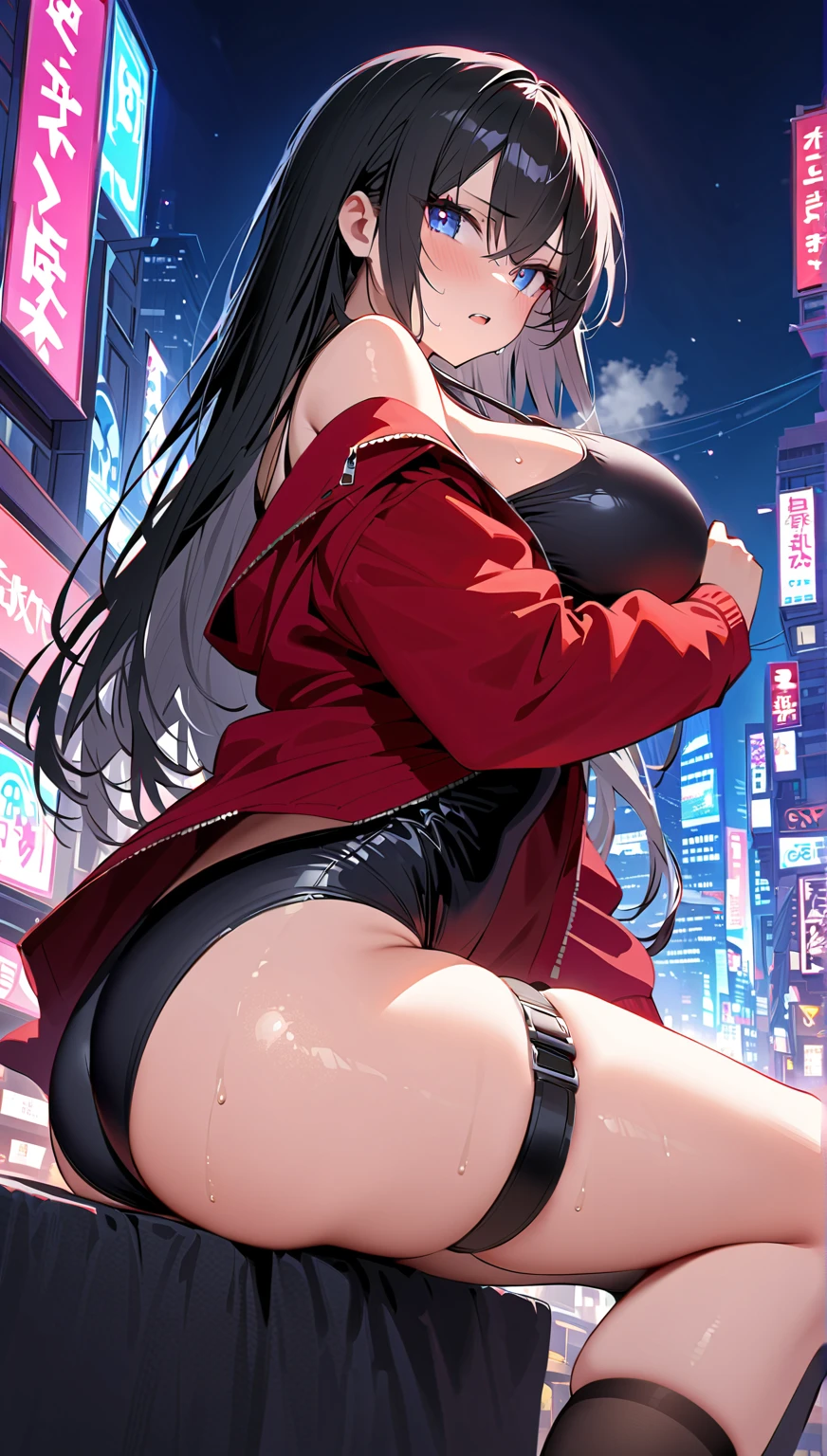 Ultra-high resolution, 8k, (Official Art, beautifully、mysterious:1.2), Anime Art Wallpaper, Works by Makoto Xin Haicheng, Lofi Art Style, Lo-fi feel, Perfect human body engineering, 1 female, Impressive eyes, Oversized hoodie and short skirt, Shiny long black hair, Larger than average bust, Listening to music through headphones, Looking out the window, City Room, A room for music lovers, city view from the window, Impressive cityscape, Bright Sky, meteor, Wide angle, Before dusk