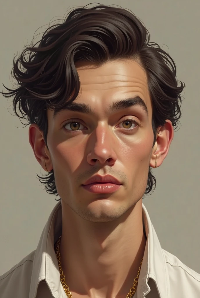 Create an image of a man thick nose, thick lips, curvy hairs till shoulder, circle shape eye, vanilla skin 