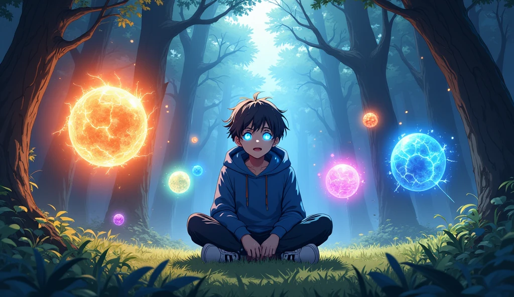 Anime shot in high quality and cinematic style. A  with bright blue glowing eyes sits on the grass in the magic forest. He is wearing a hoodie with a blue hood and sneakers,  sitting in Turkish . Large powerful magic spheres of various elements float around him — fiery, aquatic, Earthlings, aerial, electric and dark. Each sphere glows and is surrounded by effects, corresponding to his element (fire, lightning, water, energy). The atmosphere is bright , magical, with soft sunlight, penetrating trees. Dynamic composition and rich bright colors, detailed character development, in the style of modern anime illustrations. datanimestyle.