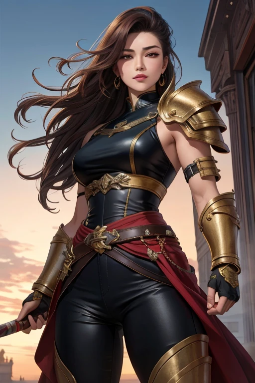 Realistic 1 .3, ( artwork), (top quality), perfect eyes, Perfect Face, 3D Lighting, 1 , Tall Body Warrior,  Asian girl, ????, Strong Body, long hair, Pompadour hairstyle ,  Heavy Armor , huge shoulder pads, Goutlets, Class , waist belt, spear, Leather pants , , solemn face color, originates, lipstick,  eyeshadow, Masquerade 1 .4, Thick eyelashes, Dark fantasy, Open air, Detailed Context, Hip Hands