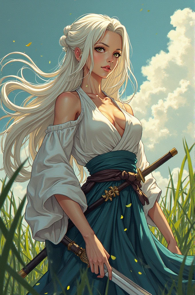 Let an anime woman with white hair with blonde eyes look like onepiece female characters, let her chest be thin, have a katana on her big waist, let her wear a samurai outfit on top, and let her drawings look like onepiece, let her hair be cut in layers and grass or whatever, let her face look like boahancook