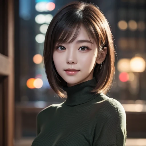 one 19 year old girl, (Dark green turtleneck thin sweater), Raw photo, highest quality, photorealistic, very delicate and beautiful, very detailed, 8K wallpaper, High resolution, soft light, very detailed目と顔, beautifully detailed nose, detailed and beautiful eyes, cinematic lighting, night city lights, perfect ???????, slender body, well-shaped ?????, straight hair, smile, asymmetrical bangs, light brown hair