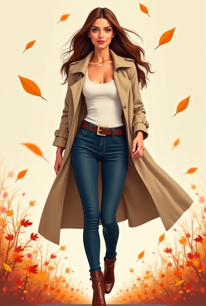 A cute white woman with brown hair, in detective clothes in the middle of a forest