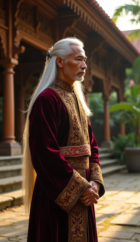A refined portrayal of Arya Wiraraja, a Javanese nobleman in his fifties who appears remarkably youthful, with the face and physique of a man in his thirties. His long, flowing white hair cascades down his back, symbolizing wisdom and experience, while his smooth skin and sharp jawline exude timeless vitality. He wears luxurious traditional Javanese noble attire: a deep maroon velvet beskap jacket with intricate gold embroidery, and a batik kain with rich earthy tones wrapped around his waist. His posture is tall and confident, radiating calm authority. Arya Wiraraja stands in the courtyard of a grand Javanese palace, with ornate wooden carvings and lush greenery around him, his gaze thoughtful and serene under the soft golden sunlight.