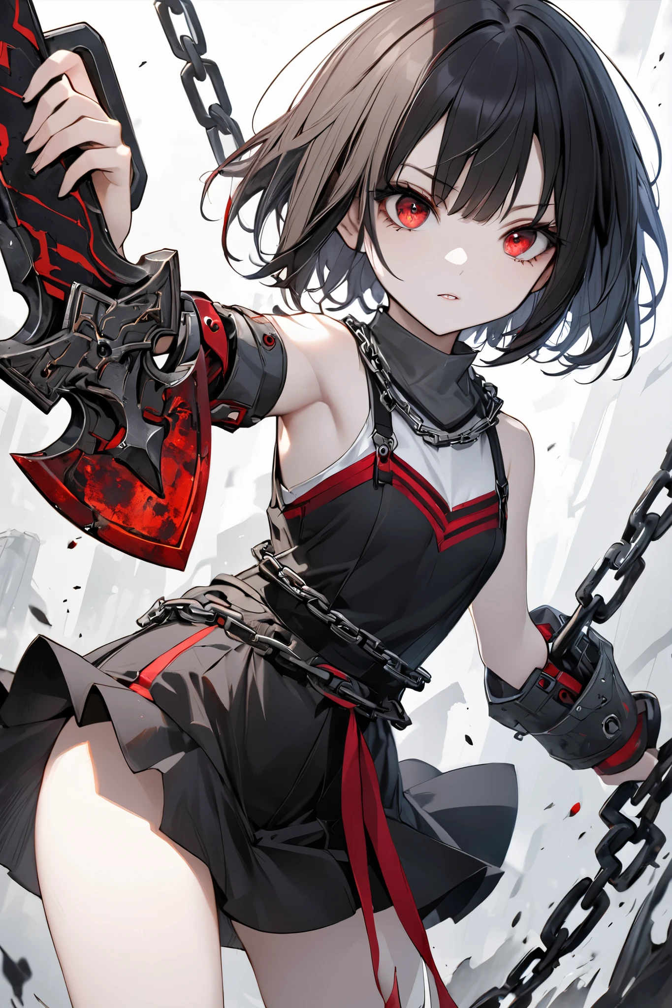 (((1girl))), ((best quality)), ((masterpiece)), ((ultra-detailed)), (illustration), (detailed light), (an extremely delicate and beautiful), (beautiful detailed eyes), (sunlight), ((extremely light)), ((extremely clothes)), (((hyper detail))),(((((front lighting))))),(((((front light))))), 

((((quite adorable Black Armor with a brief red skirt and a headband)))), 
(((Novice Black Knight))), 

(((short bob))), ((((black hair)))), (((short hair))), (((crystal black eyes))), ((((whole body)))), aged 5 to 8, ((((())))), ((((very adorable young girl)))), ((condescending expression)), ((mischievous smile with sexual satisfaction)), (((extra adorable))), (((((extra slender shape))))), (((((extremely beautiful detailed face))))), 

(((dynamically attacking enemies with an axe))), 

(((elegant magic boots))), (Dutch angle), (((elegant magic gloves))), ((transparent magical underskirt)), (a little bit exposed adorable magical panties)