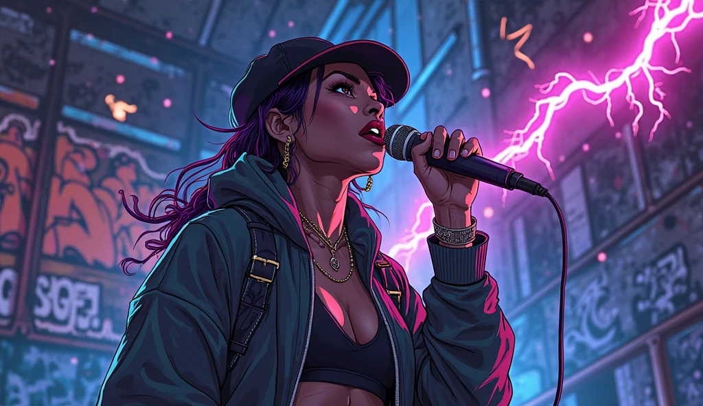 A stylized, high-contrast illustration of a female rapper mid-performance, veins glowing neon blue and purple under his skin, mouth open in an intense rap flow. Lightning crackles from his fingertips as he grips a microphone. The background is dark and moody with flashes of electric light, graffiti walls, and subtle glitch effects. The atmosphere should feel raw, energetic, and urban—channeling chaos, speed, and lyrical fire.