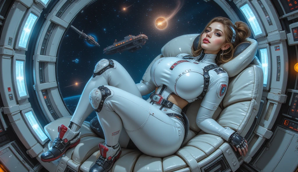 (8K、highest quality、masterpiece:1.2)、(realistic、Photoreal:1.37)、Super detailed、surrealism、(One woman on a spaceship)、157cm、anatomically correct、look at the camera、cute、alone、(redness of the nose)、(laughter:1.15)、beautiful eyes、Big eyes、(length:1.2)、floating hair、nova frog style、brown hair、Black leather chair、cyber punk、sit on a chair、spread your legs、(((Inside the spaceship)))、A beautiful command room that looks like a sci-fi movie、(((Small bikini with a small area)))、(((((white bikini)))))、beautiful thighs、spread your legs、(((((between the strandini skirts、cleavage、nipple、(((((spread your legs wide)))))、(((((Stick your butt out and turn around)))))