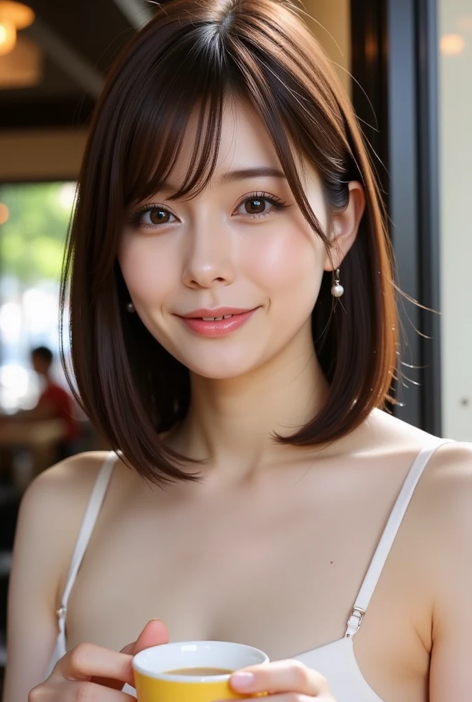 (8k, RAW Photos, highest quality, masterpiece:1.2), High-quality RAW color photos, Professional photos, (Realistic, photo Realistic:1.37), Cinematic Light, 1 girl, Laughter, White wall, Shot in front of the window, (A room with large glass windows), Various poses, break (Ombre:1.3) , Simple Necklace, (Beautiful profile:1.3), profile, Dark Brown Hair色, Short hair 20 years old, 1 person, ((Beautiful female announcer,A kind smile:1.5)),
((Gorgeous Earrings, Long Necklace:1.2)),
((A super tight satin swimsuit that fits perfectly to the body:1.5)),
((Sitting on the floor, Look up, No bra, See-through:1.5)),
(Full body image from thigh, Pay attention to the beautiful thighs:1.8),
((Sexy atmosphere, Sexy pose, Staring with an erotic gaze:1.5)),
((Stand on your feet, Focus only on the cleavage:1.5)),
((luxury hotel bedroom bed, The midsummer sun shines on the whole)),
((The large windows overlook the ocean horizon.:1.2)),
Flexible body :1.3, Model Body Type:1.5, 頭w:1.4, Perfect Style:1.4,
Realistic skin texture, Fair skin, Shiny skin, Healthy thighs,
Highly detailed face, Slim face contour, Beautiful small face, Beautiful Nose,
Ultra-detailed eyes, Slit eyes, Brown eyes, double eyelid, Ultra-thin eyebrows, Thin, long eyelashes,
Ultra-detailed lips, Plump and moisturized lips, Glossy pink lips, Flushed Cheeks, ((White beautiful teeth)),
Beautiful actress's ennui makeup, Pink lipstick, Smoky eyeshadow, Eye foundation,
Dark Brown Hair, Delicate soft hair, Hair blowing in the wind,
(Put your hair up, Medium Short Hair, Elegant curly hair:1.2),
Layered Cut, (Blunt bangs:1.2),
Mouth half open, Attractive look, Looking into the camera,
((Lift your face a little)),
((Chest to chest)),
((Squint your eyes)),
((Pursing your lips:1.2)),
((Cheeks turn red:1.2)),
((Flat Chest)),