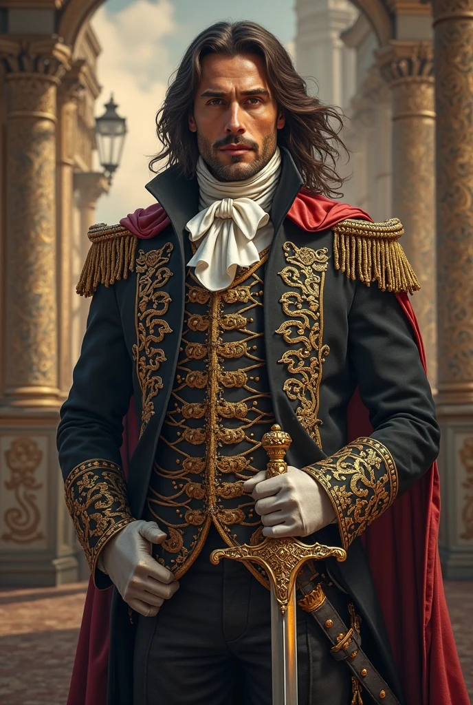 a handsome musketeer with long hair in a luxurious musketeer jacket holds a musketeer sword in his hand