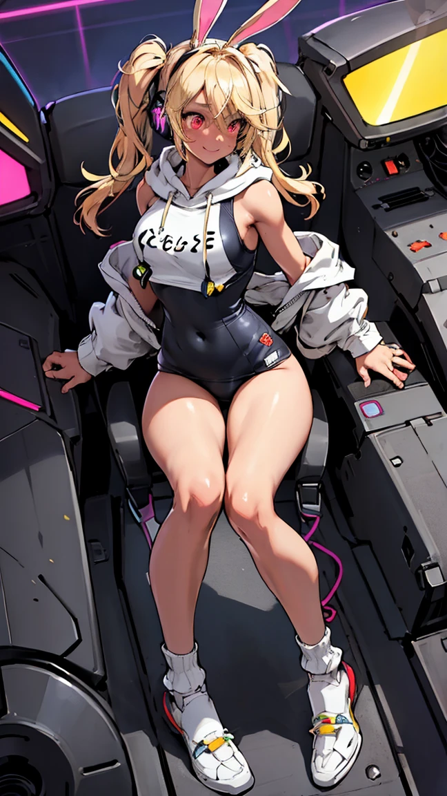 ((From before、True Face、Shot from a little below、Light up from below))、Beautiful and cute girl、(((ponytail)))、highest quality、ウルトラ - High resolution、High resolution、Highly detailed CG、8k unit wallpaper、17 years old、(((A detailed and beautiful face、Detailed and beautiful eyes,Very large breasts、Platinum Blonde Hair、contrast)))、((((( Brown Skin:2、Dark Skin:2 , Cleavage ,Moist eyes)))))、(Black glossy body:1.8),((Sunburn mark))、((((((loose socks、Sweat、Orange Micro Bikini、Glowing headphones、High heels、Knees wide open to the outside、Sitting on the throne、touch hair))))))