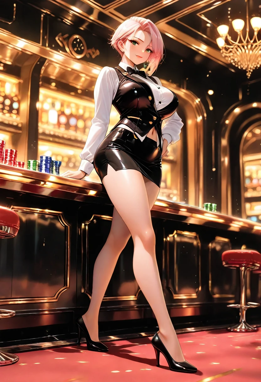 masterpiece, Great quality, Super detailed, figure, Game CG, One girl, alone, (FGO Elais), clavicle, Cleavage, blush, Are standing, Bunny girl, Bunny ears, Detachable collar, Wrist cuff, pantyhose, strapless leotard, At the club, At the bar