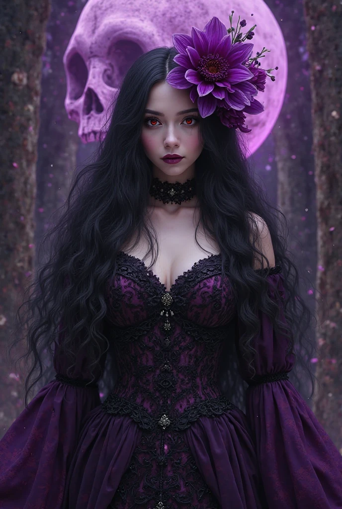 Photograph of a Gothic woman with pale skin, long and voluminous hair, sharp eyes, a thin and upturned nose, shapely lips, an hourglass body shape, dark clothes and makeup, intricate maximalist-detailed, vibrant, epic, smooth, cinematic, 4K, backlit, creepy graveyard background, and a deep depth of field.