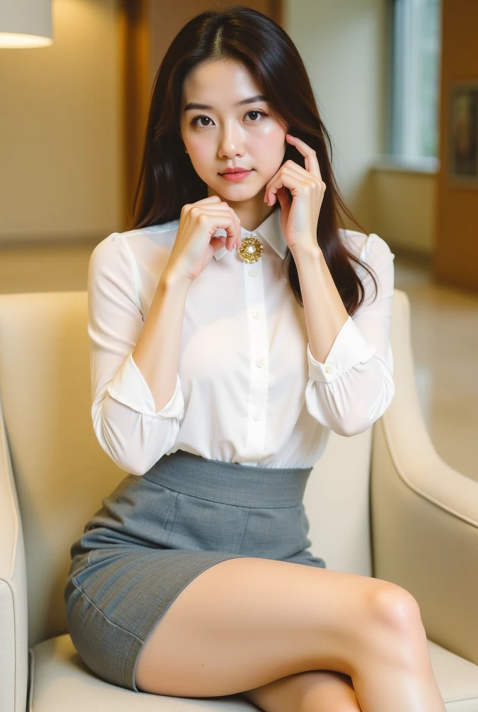 8K, Ultra-high resolution, Highest quality, masterpiece, 三分割法によるphotograph,Surreal, photograph, 1 girl, (16 years old:1.3), pretty girl, Cute face, Beautiful eyes in every detail, 細かくdetailedに,masterpiece,, One Girl:1.2, Japan Female Announcer,whole body,Low - Angle,Young Wife,A woman sitting on a sofa,White blouse with collar,Black Pencil Skirt,Black Stockings,Black high heels、Full of cleanliness,A carefree smile,Healing the heart,Semi-long layered hair,Looking at the audience、beauty,Long neck、Laugh a little、Please close your mouth and laugh、(((Ideal body type))),A-cup small breasts :2,、Portraiture:2、Perfect Anatomy、鮮明なdetailed、detailed、Surreal、Light and shadow,Strong light