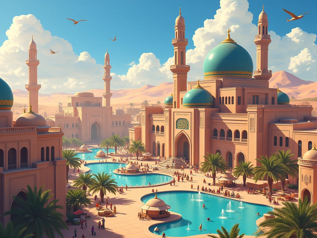 "A beautiful Arab city in the heart of the desert, with golden minarets, turquoise domes and pink sand streets. Classical Islamic architecture revisited in anime style/Pokémon/Disney, where every detail shines under the scorching sun. The atmosphere is magical, with flying carpets, fountains of fresh water and markets full of colorful spices."

🏰  architecture :
Majestic mosques with blue and gold mosaic domes (#4169E1 e #FFD700)

Torri slanciate decorate con arabeschi intricati

Case di pietra sabbiosa con finestre ad arco e tende svolazzanti

Giardini pensili con palme da dattero e fiori esotici

🎨 COLORI & LUCI:
Sunset orange (#FF8C00) that illuminate the walls

Ultramarine blue (#1E90FF) for mosque majolica

Purple shadows (#4B0082) per profondità

Riflessi dorati sulle superfici

🕌 VITA NELLA CITTÀ:
Busy markets with spice stalls, fabrics and magic lamps

Flying carpets that carry goods and people

Desert Pokémon (Trapinch, Sandshrew) che giocano tra le vie

Fontane zampillanti con giochi di luce

🌵 AMBIENTAZIONE:
Deserto infinito con dune che si perdono all’orizzonte

Oasi rigogliose con palme e pozzi d’acqua cristallina

Cielo sereno con un sole abbagliante

🎨 STILE ARTISTICO:
thick black lines (Pokémon style)

Cel-shaded shadows (Disney)

intricate details (Islamic geometric patterns)

Exaggerated light effects (glows on the metal, reflections on the water)

⚙️ LEONARDO SETTINGS.AI:
Modello: Anime

Style: Fantasy + Adventure

Enhancer: Ultra-Detailed Textures

Negative Prompt: "ruins, dark, gloomy, modern, futuristic"

💡 VARIANTI:
Aggiungi "a huge desert dragon that flies over the city"

Inserisci "a royal palace with secret gardens"

Mostra "a camel caravan that comes to the city"