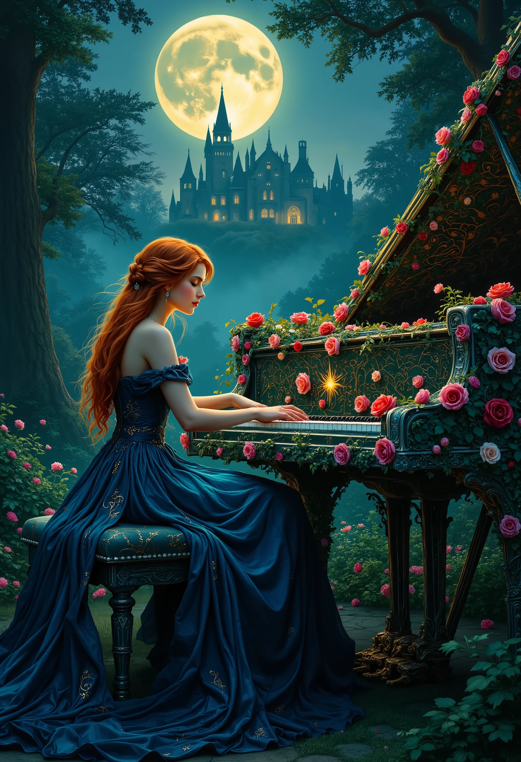 A breathtaking, hyperrealistic painting in the style of Art Nouveau and Romantic Impressionism.  A young woman, appearing to be of Slavic descent, aged between 20-25, with long, flowing auburn hair and piercing emerald eyes, sits gracefully at a grand piano crafted entirely from blossoming rose bushes. Her fingers, adorned with delicate silver rings, dance across the rose petal keys, each touch emitting a soft, ethereal glow.  She wears a flowing gown of deep indigo silk, embroidered with silver threads depicting intertwining roses, the fabric shimmering under the moonlight. Her expression is one of serene concentration, a slight smile playing on her lips.  The piano is positioned centrally, bathed in the soft glow of a full moon, its rose-bush frame overflowing with blooms in varying shades of pink, red, and white. The background features a mystical garden, shrouded in a misty twilight; towering ancient trees with gnarled branches frame the scene.  A grand, gothic-style manor house stands majestically in the distance, silhouetted against the moonlit sky.  The overall atmosphere is one of magical realism, imbued with a sense of wonder and tranquility.  The color palette is rich and evocative, featuring deep blues, contrasting against the vibrant pinks and reds of the roses and the warm, golden light of the moon. The textures are exquisitely detailed: the smooth silk of the gown, the velvety petals of the roses, the rough bark of the trees, and the cold, hard stone of the manor house.  Wide shot composition, utilizing a shallow depth of field to emphasize the enchantress and her unique instrument.