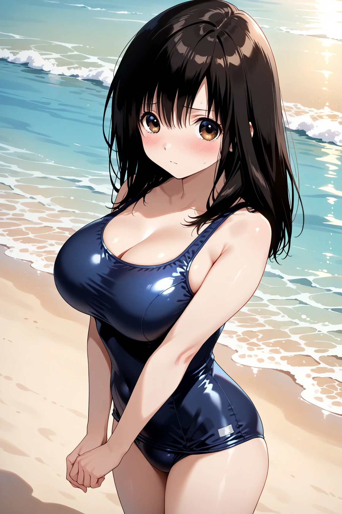 nsfw,Realistic depiction、(30-year-old woman:1.9)、Smooth and shiny texture huge bust metallic enamel gold swimsuit、Erect nipples、Camel Toe、Crouching、Squat、Overflowing sexual fluids、Sea and beach、Dynamic pose、Provocative look、Sand is clinging、Grabbing her nipples、Fuck from behind、Turning around