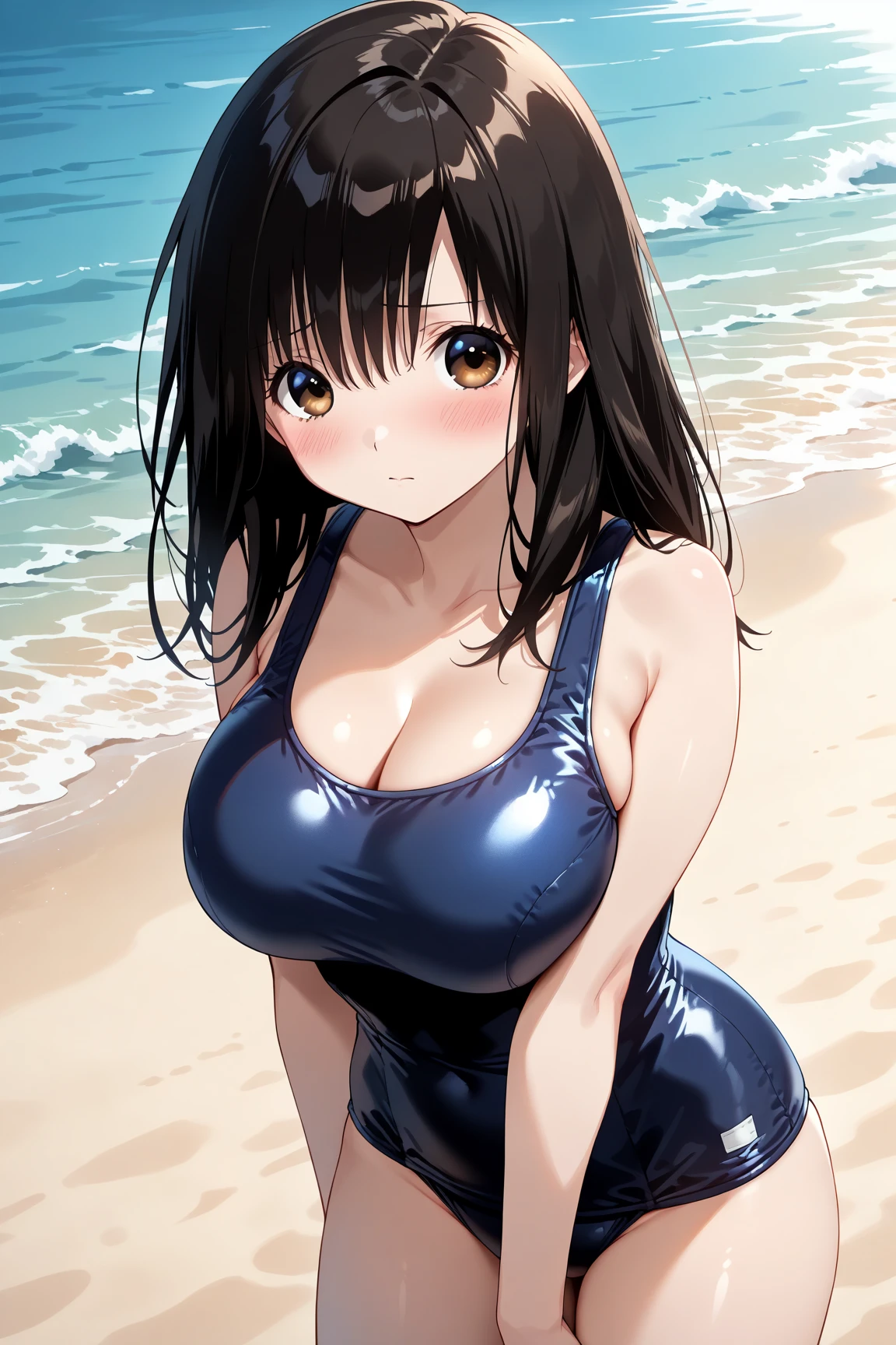 ((masterpiece,best quality,ultra detailed,high resolution)),(daytime,clear weather,bloom),looking viewer,((solo,beautiful-girl)),(black hair,straight hair),(beautiful detailed face,beautiful detailed eyes),(finely detailed skin,fair skin),slender,smile,(competition swimsuit),(on the beautiful lake,beautiful sky),(gigantic breast,medium hip),(leaning forward),from behind,back shot,