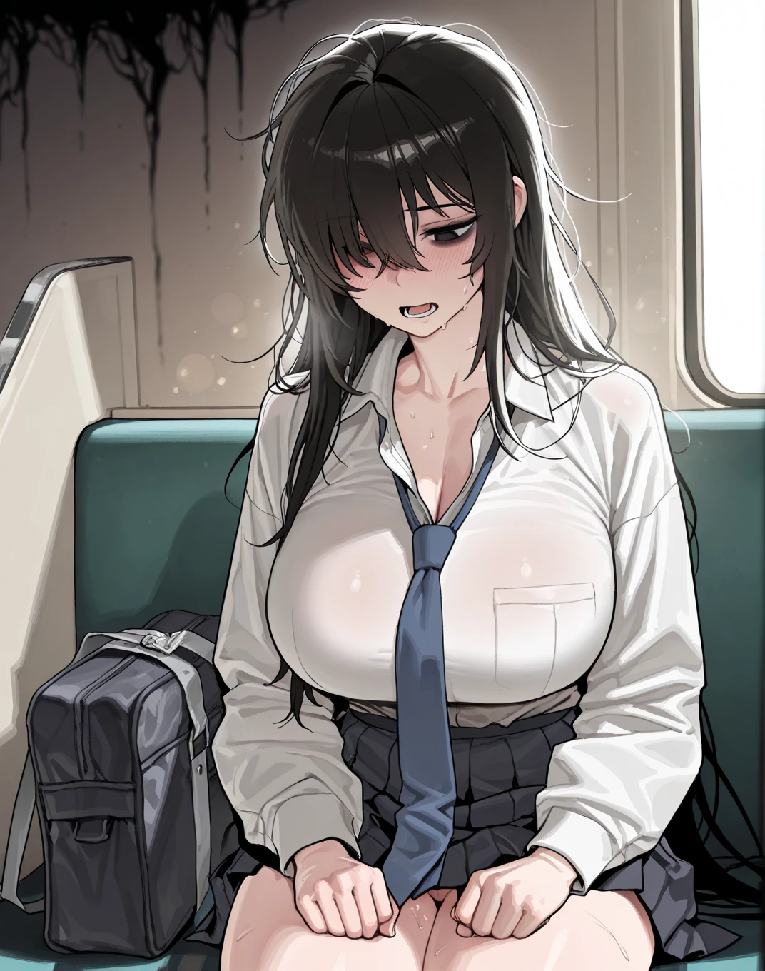 NSFW、Intensely flushed face ((((Crying Embarrassed expression Lots of drooling Lots of tears Obscene images Pant voice Woman in disgrace)))) Inner thighs wet with a lot of love juice ((She screams as she cums hard.:1.6)), A molester stands behind a woman on a train, puts his hands under the hem of her T-shirt, and squeezes her breasts as he pleases.。The woman can only manage to show a look of humiliation and is unable to resist.。The molester orders the woman around while groping her breasts.。「Lift your skirt and expose your panties!Then I'll let you strip naked.。」Thinking it would be better than being naked, the woman obeys the order and lifts her skirt up to her navel, completely exposing her white panties.。The molester gives further orders。「Yell out to the passengers to see your panties。」Women forced to follow humiliating orders。The passengers take a good look at her panties。You can clearly see the dildo that the molester inserted in her panties vibrating violently.。A woman who climaxes multiple times while being watched。