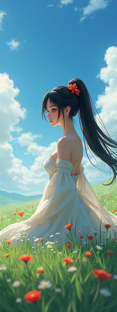 A Araki woman in a white dress stands on the grass, Realistic anime asian girl with long hair wind blowing hair flowing flowing,beautiful and seductive anime woman