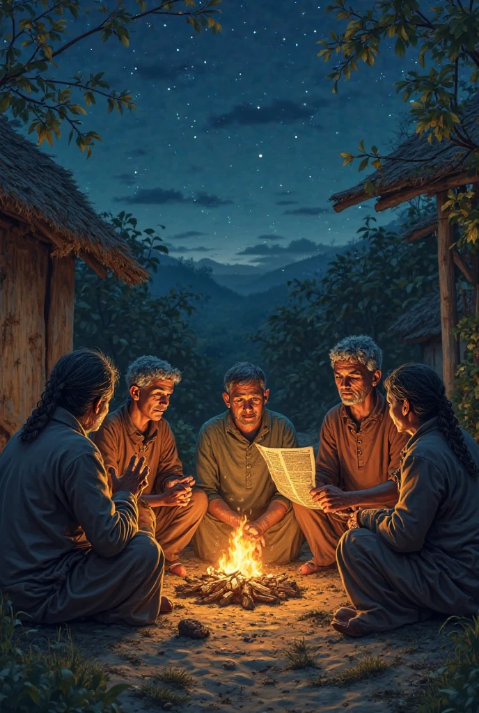 Villagers sitting around a fire at night, telling stories, with one of them pointing to a photo of the successful man in a newspaper.