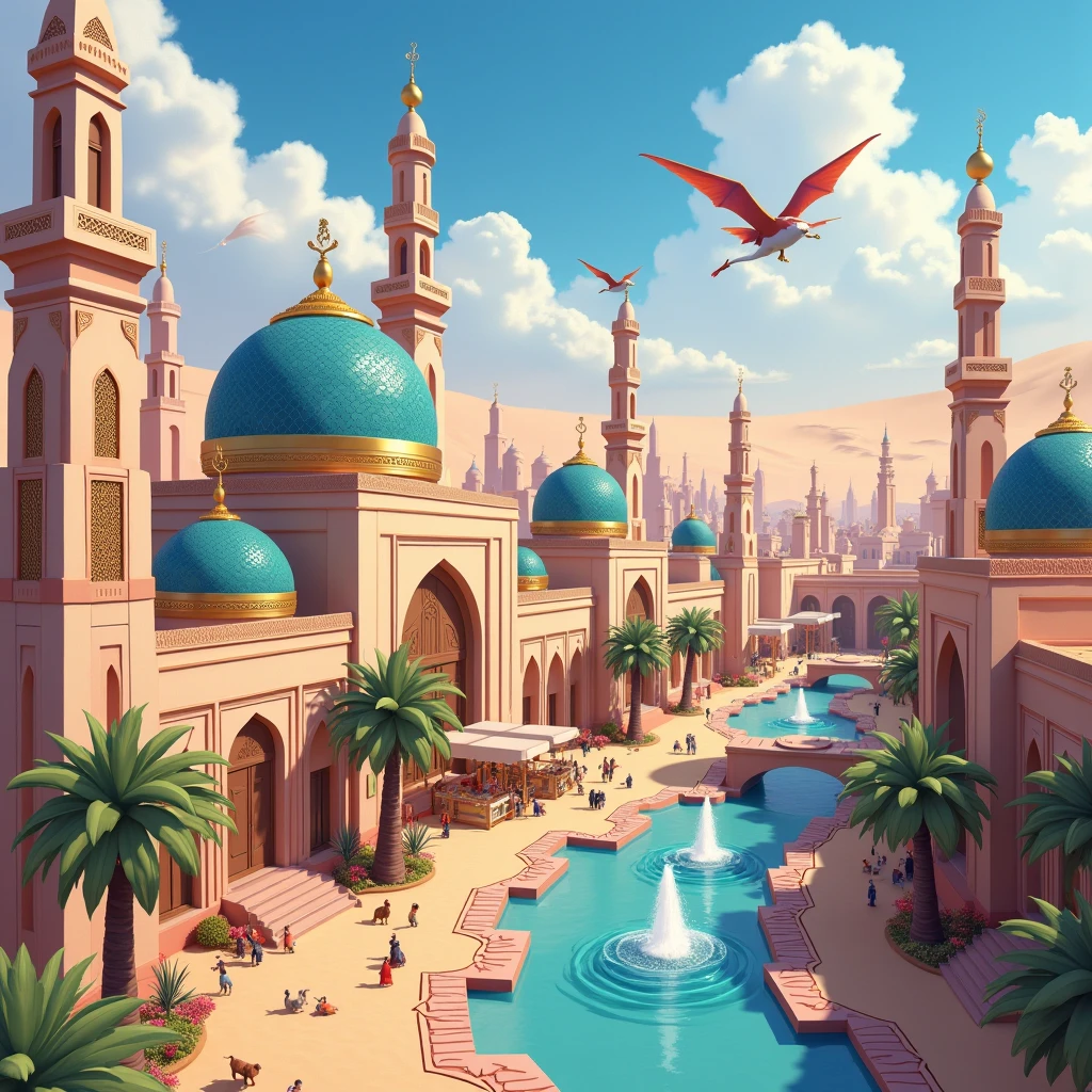 "A beautiful Arab city in the heart of the desert, with golden minarets, turquoise domes and pink sand streets. Classical Islamic architecture revisited in anime style/Pokémon/Disney, where every detail shines under the scorching sun. The atmosphere is magical, with flying carpets, fountains of fresh water and markets full of colorful spices."

🏰  architecture :
Majestic mosques with blue and gold mosaic domes (#4169E1 e #FFD700)

Torri slanciate decorate con arabeschi intricati

Case di pietra sabbiosa con finestre ad arco e tende svolazzanti

Giardini pensili con palme da dattero e fiori esotici

🎨 COLORI & LUCI:
Sunset orange (#FF8C00) that illuminate the walls

Ultramarine blue (#1E90FF) for mosque majolica

Purple shadows (#4B0082) per profondità

Riflessi dorati sulle superfici

🕌 VITA NELLA CITTÀ:
Busy markets with spice stalls, fabrics and magic lamps

Flying carpets that carry goods and people

Desert Pokémon (Trapinch, Sandshrew) che giocano tra le vie

Fontane zampillanti con giochi di luce

🌵 AMBIENTAZIONE:
Deserto infinito con dune che si perdono all’orizzonte

Oasi rigogliose con palme e pozzi d’acqua cristallina

Cielo sereno con un sole abbagliante

🎨 STILE ARTISTICO:
thick black lines (Pokémon style)

Cel-shaded shadows (Disney)

intricate details (Islamic geometric patterns)

Exaggerated light effects (glows on the metal, reflections on the water)

⚙️ LEONARDO SETTINGS.AI:
Modello: Anime

Style: Fantasy + Adventure

Enhancer: Ultra-Detailed Textures

Negative Prompt: "ruins, dark, gloomy, modern, futuristic"

💡 VARIANTI:
Aggiungi "a huge desert dragon that flies over the city"

Inserisci "a royal palace with secret gardens"

Mostra "a camel caravan that comes to the city"