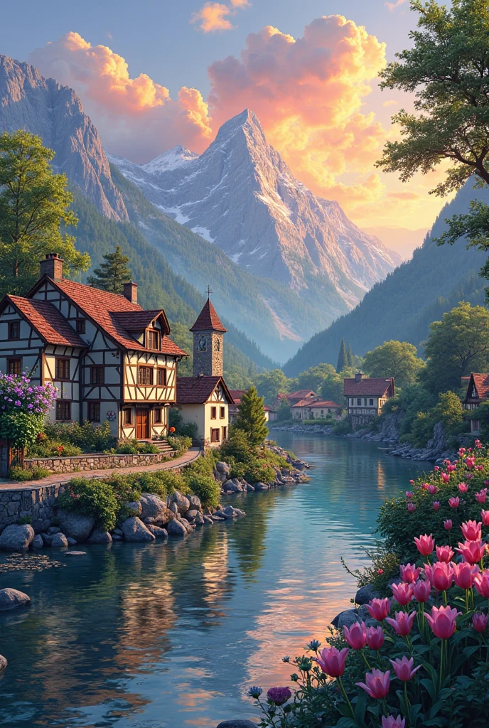 A small village by the river, color of the mountain in the background, colorful flower flowers, detailed landscape, beautiful natural scenery, atmospheric lighting, scorching sunset, warm colors, Practical, фотоPractical, detailed foliage, complex buildings, paved street, charming country house, swirl bright colors, lush vegetation, reflections on water, picturesque, idyllic, artwork, the best quality, 8k, very detailed, anime styling