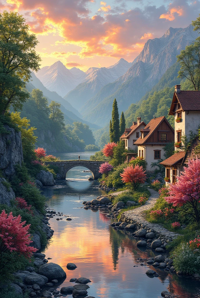 a small village by the river, mountains in the background, floral flowers colorful, detailed landscape, Beautiful natural landscapes, atmospheric lighting, scorching sunset, warm colours, practical, photopractical, Detailed Foliage, complex buildings, cobblestone street, Charming country house, swirly vibrant colors, lush vegetation, Still water reflections, Picturesque, idyllic, work of art, best qualityer, 8k, extremely detaild,anime styling