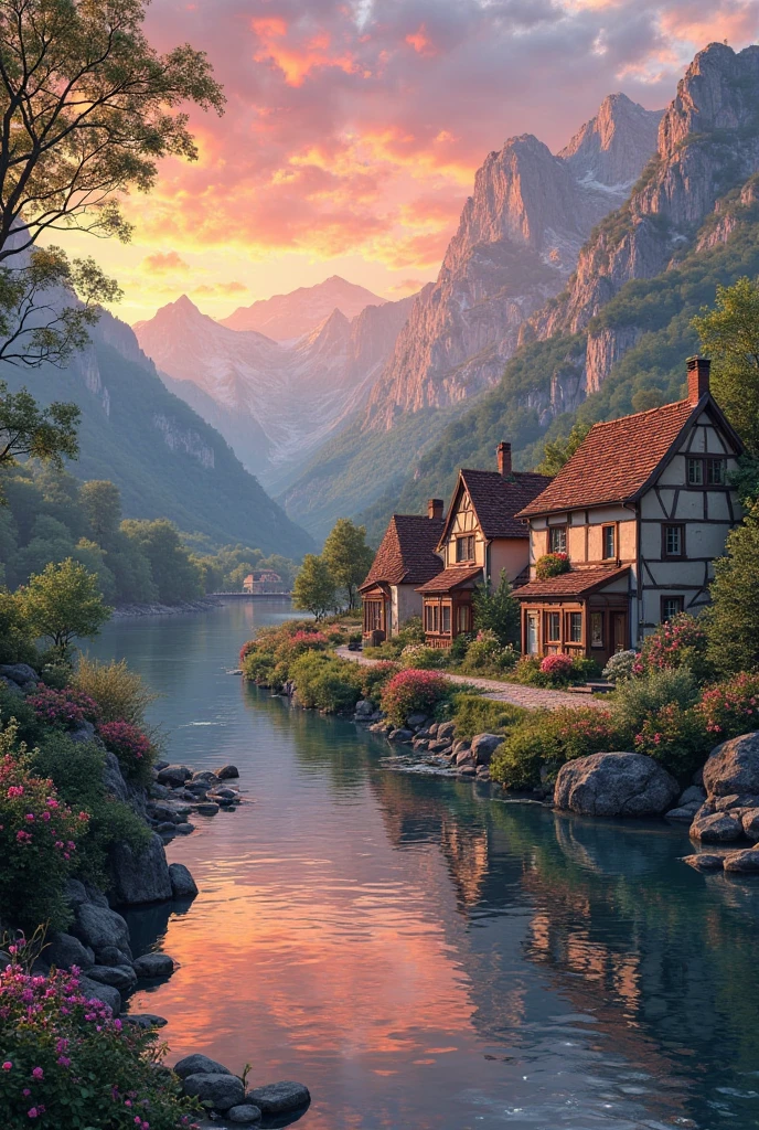 a small village by the river, mountains in the background, floral flowers colorful, detailed landscape, Beautiful natural landscapes, atmospheric lighting, scorching sunset, warm colours, practical, photopractical, Detailed Foliage, complex buildings, cobblestone street, Charming country house, swirly vibrant colors, lush vegetation, Still water reflections, Picturesque, idyllic, work of art, best qualityer, 8k, extremely detaild,anime styling