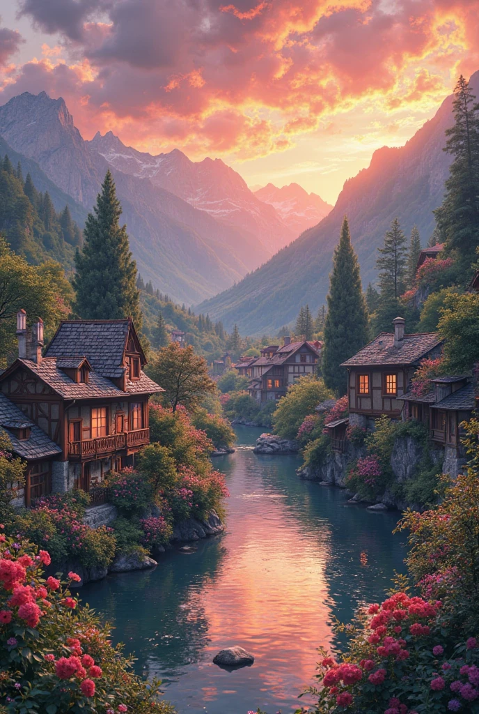 a small village by the river, mountains in the background, floral flowers colorful, detailed landscape, Beautiful natural landscapes, atmospheric lighting, scorching sunset, warm colours, practical, photopractical, Detailed Foliage, complex buildings, cobblestone street, Charming country house, swirly vibrant colors, lush vegetation, Still water reflections, Picturesque, idyllic, work of art, best qualityer, 8k, extremely detaild,anime styling