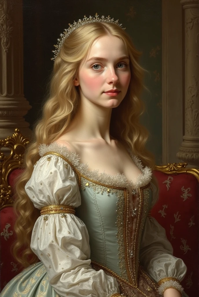 French queen (XVII) blonde hair, gentle smile young (22 years old)