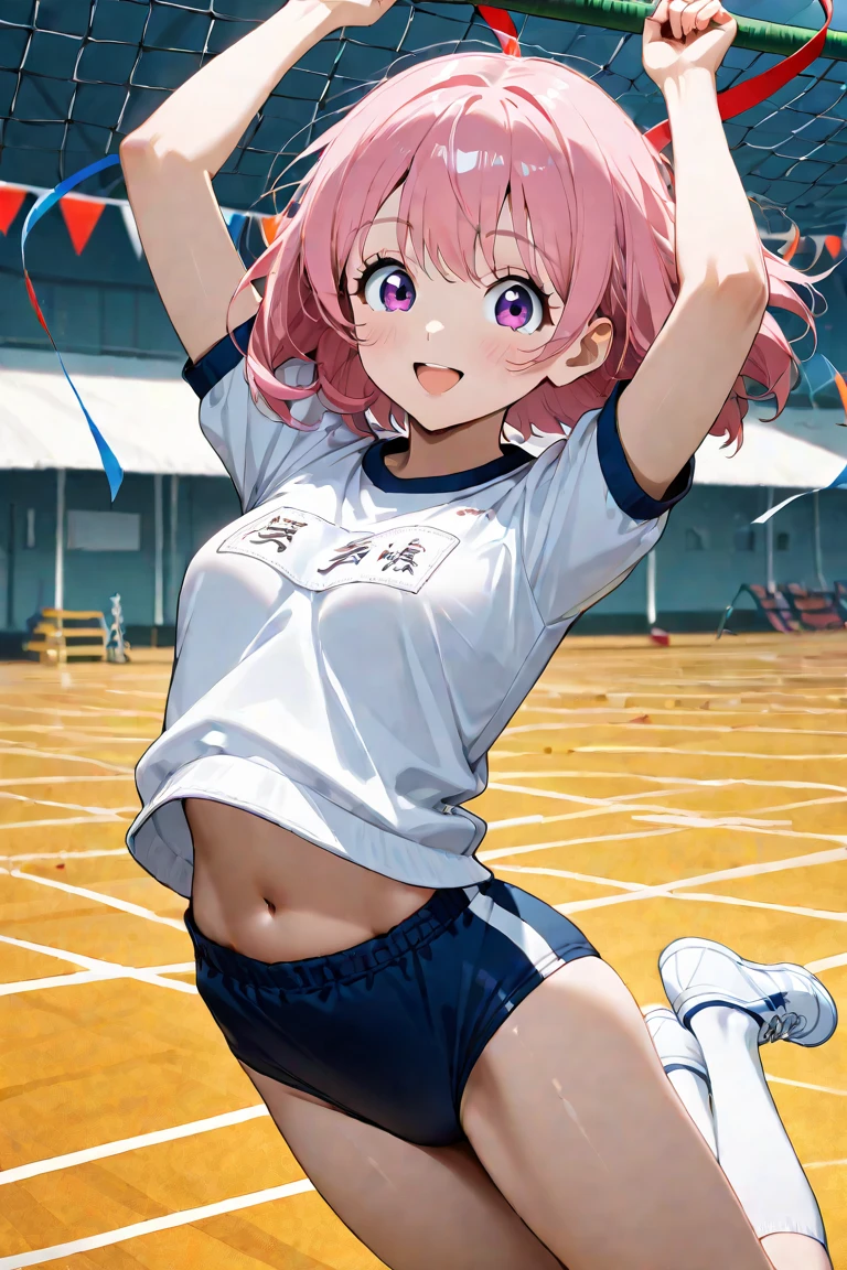 ((Highest quality)), ((masterpiece)), (be familiar with), Perfect Face, indoor, Bedroom, Watching the audience,
One woman, Yuki Gungun,
Open Mouth, Ecstatic expression, blush, smile,
Small breasts, Flat Chest, Young Girl, , , Girl,
Short Hair, short hair,
Gym suit, White short sleeves, Black shorts, Leg spread,