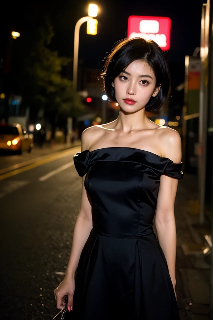 (8k, RAW photo, best quality, masterpiece:1.4), ultra high res, (realistic, photo-realistic:1.48),omertosa,1girl,(Kpop idol), (aegyo sal:1),cute, (super bokeh night city center:1.25), bokeh, night, traffic lights, road sign, rain, after rain, wet, professional lighting, detailed lighting, photon mapping, radiosity, physically-based rendering,Black pantyhosebloom, backlighting, depth of field, natural lighting, hard focus, film grain, one meter shooting distance, professional photoshoot, photographed with a Sony a9 II Mirrorless Camera, detailed eyes, realistic eyes, detailed shadow, looking at viewer, dog ears, detailed lighting, skirt, black skirt, thighhighs, black thighhighs, (detailed hair, realistic hair, realistic lighting, realistic shadow, realistic outfit), realistic skin, (gun on waist:1), realistic reflection of light from above, ((arms behind back)),(hands behind),tube top,sexy