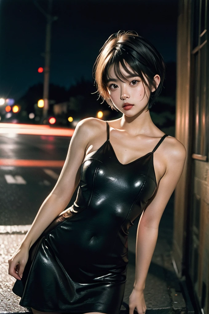 One girl,(Wearing a sparkling sleeveless evening dress:1.2),(RAW Photos, Highest quality), (Realistic, photo-Realistic:1.4), masterpiece, Very delicate and beautiful, Very detailed, 2k wallpaper, wonderful, In detail, Very detailed CG unity 8k wallpaper, Very detailed, High resolution, Soft Light, Beautiful detailed girl, Very detailed eyes and face, Beautifully detailed nose, Beautiful attention to detail,Cinema Lighting,City lights at night,Sweaty face　cute　short hair　boyish　Steam coming out of my head　My hair is wet with sweat　The feel of black hair　Full body portrait　My upper body is soaked　After club activities　