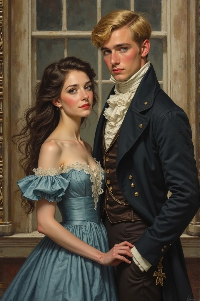 Couple from 1810 in London, England. Short woman with dark blonde hair, BLUE DRESS. Tall man with blond hair and blue eyes