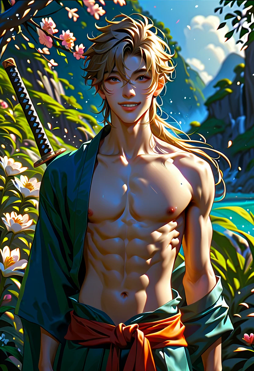 (best quality), masterpiece, ultra-detailed, guy,goatee facial hair, muscular physique,full body portrait,blonde hair,intense blue eyes,stream,forest,hairly chest,loincloth