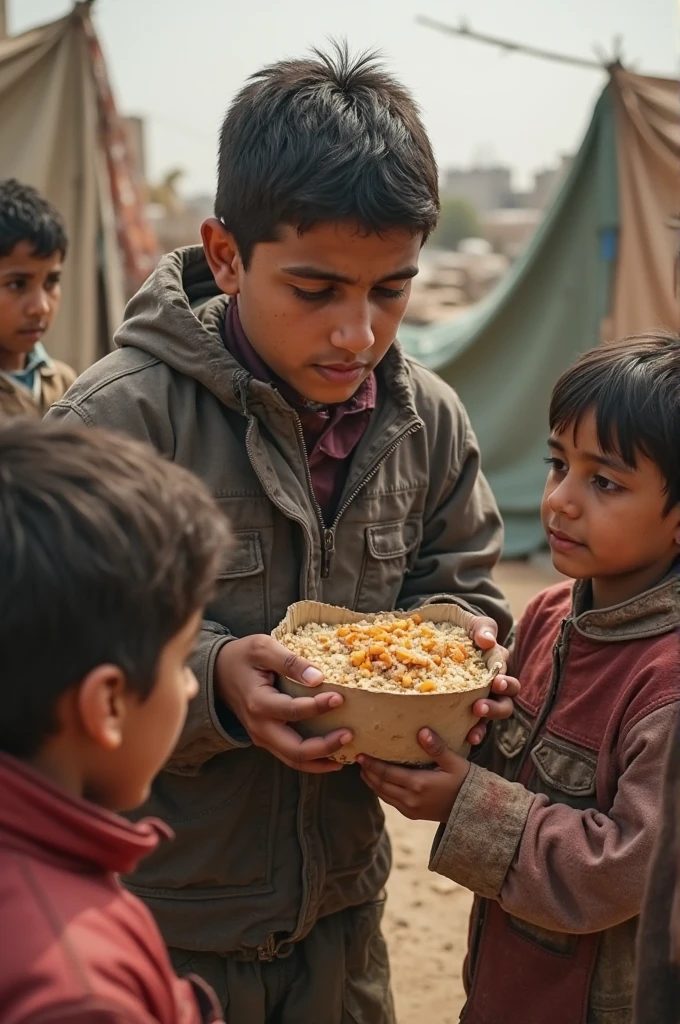Man give food to  almajiri kids survive on street   with traffic background 