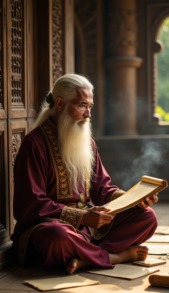 A dignified portrayal of Arya Wiraraja, a Javanese nobleman appearing in his thirties despite his true age of over fifty. He sits cross-legged in a grand wooden pavilion, surrounded by ancient palm-leaf manuscripts and weathered scrolls. His long white hair flows down his back, contrasting with his youthful, serene face. Dressed in an elegant maroon beskap with golden embroidery and a batik kain wrapped neatly around his waist, he reads an old Javanese manuscript with deep concentration. A soft golden light filters through the carved wooden lattice, casting intricate shadows across the floor. The air is filled with the scent of incense and old paper, evoking a timeless atmosphere of wisdom and contemplation.
