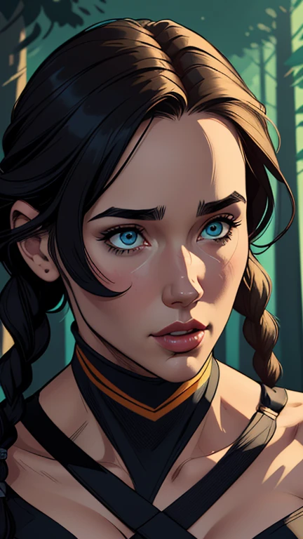  Actress character Jennifer Connelly female ninja with war marks Cartoon image of a woman .cartoon style illustration, cartoon art style, cartoon art style, digital illustration style,  highly detailed character design, detailed digital art courage, Forest Fan Art, Portrait character design,  beautiful digital illustration , high-quality portrait, comic art, young woman hair with beautiful braids .  Beautiful outlined eyes Medium large bust and gorgeous ???? outfits. Image expression of ?????? desire from waist to head illustration Jennifer Connelly and Salma Haiek  