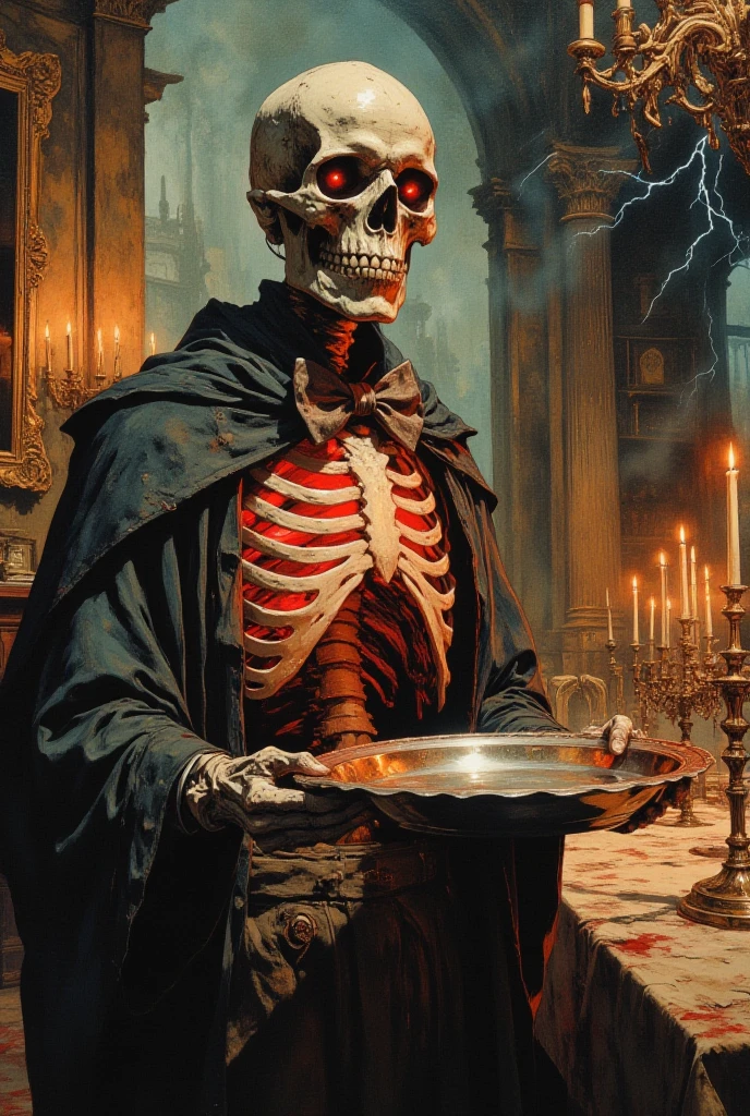 (Grim_Reaper in), (Skeleton_Monster), sits at a table, view the viewer, playing chess, Thinking, Confident demeanor, Masterpiece, Top quality, Best quality, High quality, Ultra-detailed, fire in the background, Vibrant colors, Solo, Extremely detailed